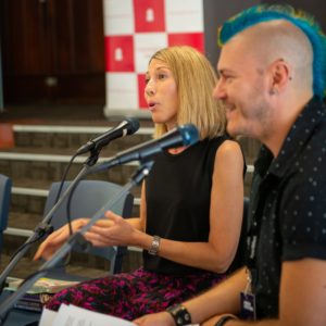 Photo of Natasha Lester and Holden Sheppard speaking at a panel
