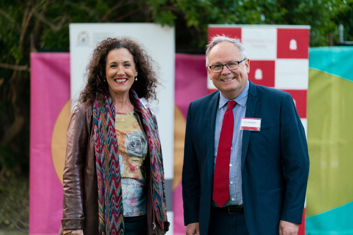 Jane Fraser, CEO of Fremantle Press, standing next to David Templeman, Minister for the Arts, both smiling at the camera