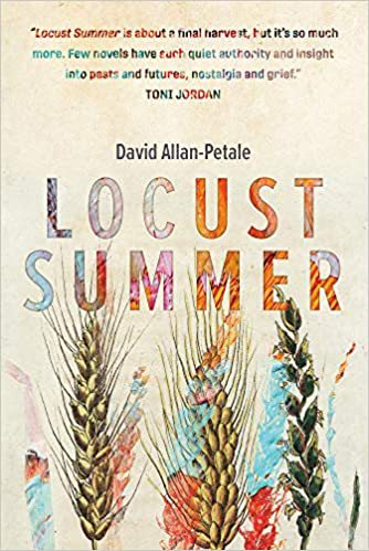 Illustrated book cover of Locust Summer with wheat in various colours