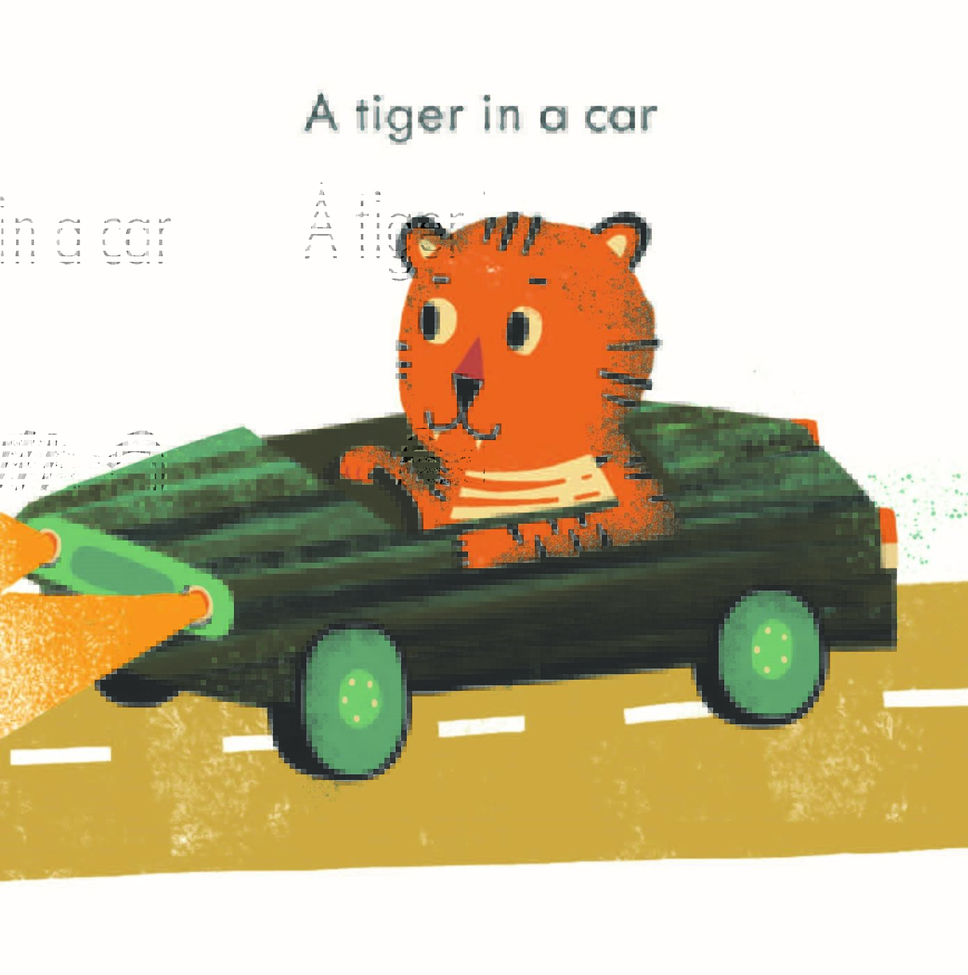 An orange tiger in a green sports car.