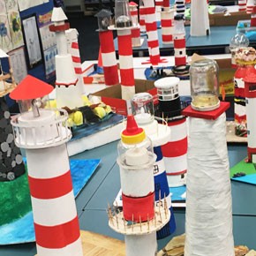 handmade lighthouses designed by school children