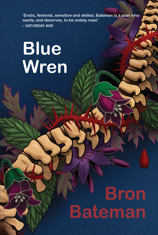 Cover of Blue Wren with an illustrated spine with thorns and leaves wrapped around it