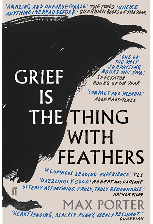 Grief is the thing with feathers cover of a illustrated crow